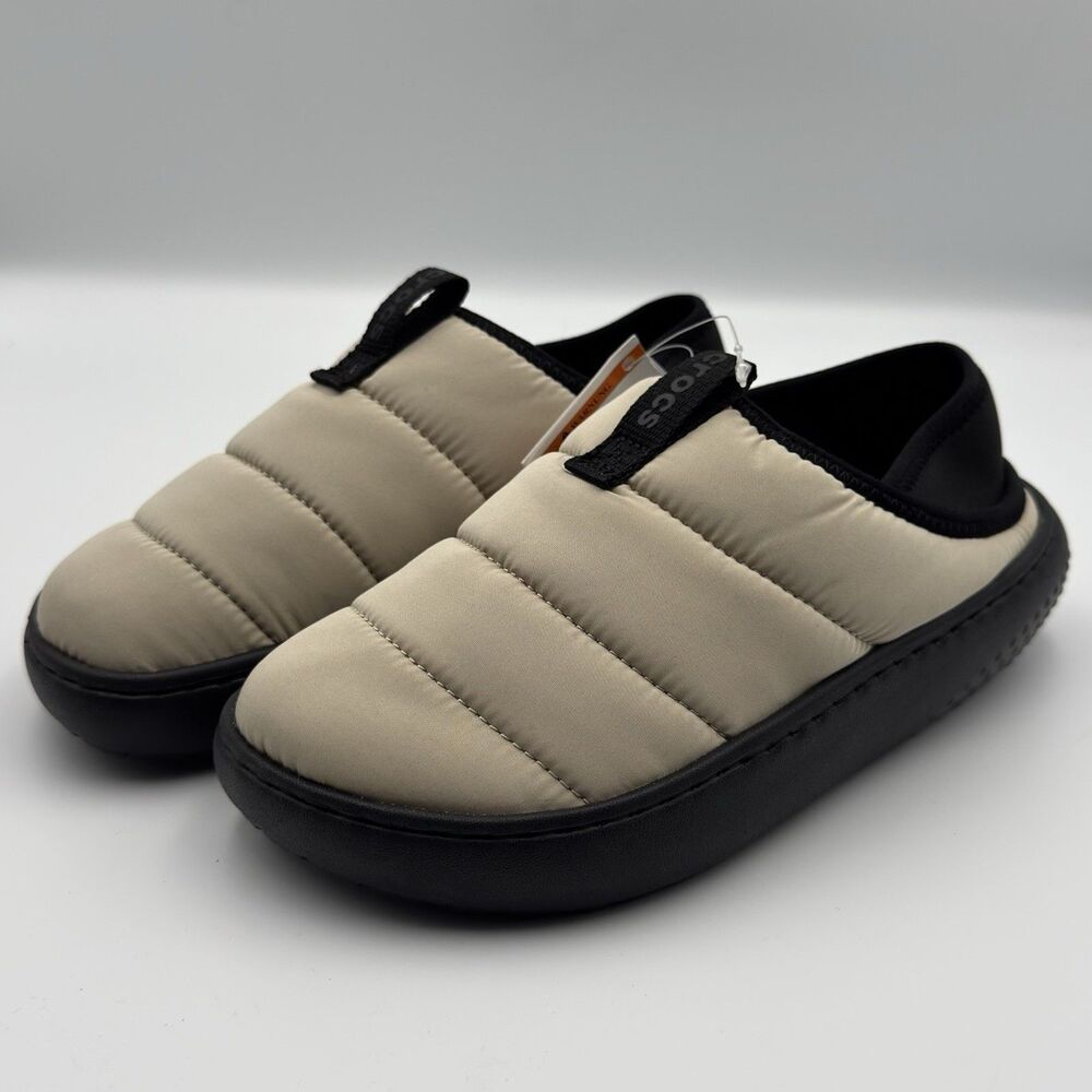 Crocs Tan Classic Puff Moc Slippers Faux Fur Slide On Quilted Nylon Puff Size J4